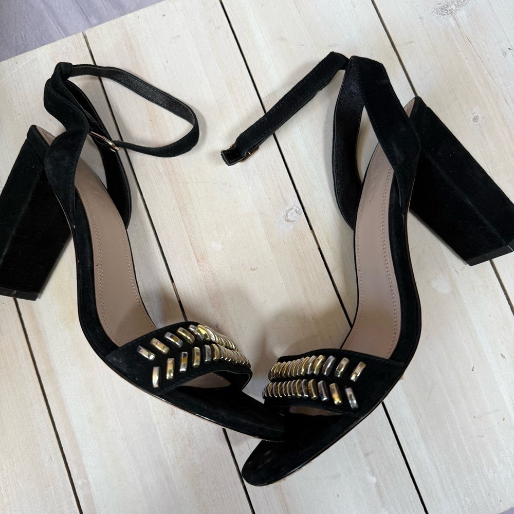 SANDRO PARIS Black Suede Sandals Gina Block Heels Studded Size 39 US 8.5